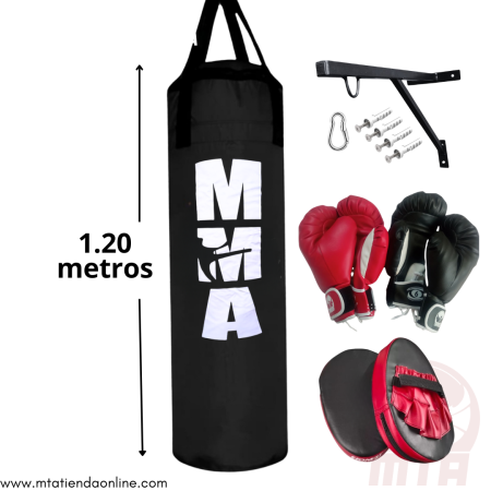 Saco de boxeo 1.20 metros + 2 pares de guantes de boxeo, soporte y manoplas