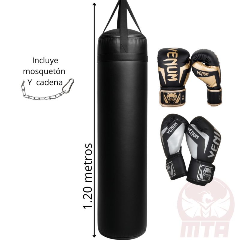 Kit - Saco de Boxeo 1.20 metros tipo cuero + 2 Pares de Guantes de Boxeo semiprofesional 14oz