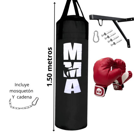 Saco de Boxeo 1.50 m con Guantes y Soporte de Pared